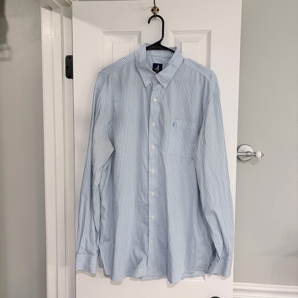 Men’s Johnnie O Gulf Blue & White Stripe Performance Shirt Size XL